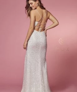 White Fitted Sequin Slit Gown By Nox Anabel R1031W