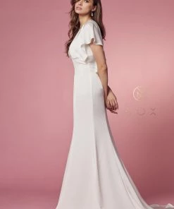 White Fitted Short Sleeve Gown By Nox Anabel JE912 14 White Fitted Short Sleeve Gown By Nox Anabel JE912