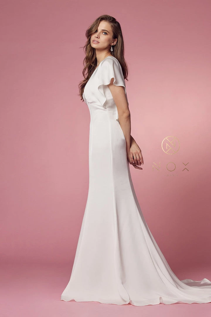 White Fitted Short Sleeve Gown By Nox Anabel JE912 6 White Fitted Short Sleeve Gown By Nox Anabel JE912