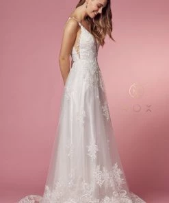 White Lace Applique V-Neck Gown By Nox Anabel C461