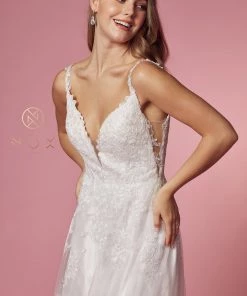 White Lace Applique V-Neck Gown By Nox Anabel C461