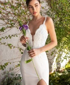 White Lace Bodice Fitted Gown By Cinderella Divine CF319W