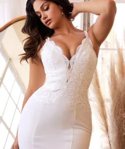 White Lace Bodice Fitted Gown By Cinderella Divine CF319W