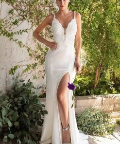 White Lace Bodice Fitted Gown By Cinderella Divine CF319W