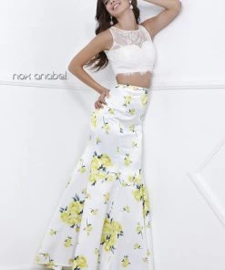 Prom White Lace Crop Top Dress With Yellow Floral Print By Nox Anabel 8208