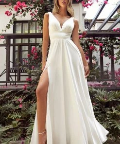 Prom White Long Satin V-Neck Dress By Cinderella Divine 7469W
