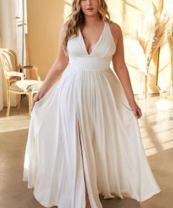 Prom White Long Satin V-Neck Dress By Cinderella Divine 7469W