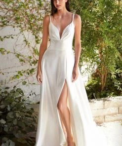 White Long Satin V-Neck Dress By Cinderella Divine CD903W Prom