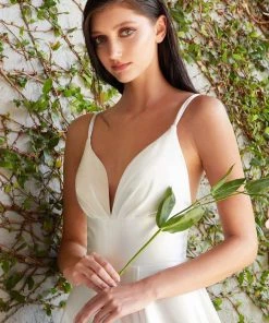 White Long Satin V-Neck Dress By Cinderella Divine CD903W Prom