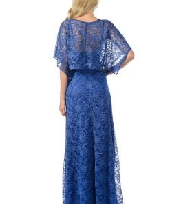 Lenovia White Long Sequined Lace Dress With Lace Caplet Prom