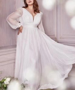 White Long Sleeve Chiffon Gown By Cinderella Divine CD0192W