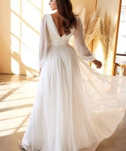 White Long Sleeve Chiffon Gown By Cinderella Divine CD0192W