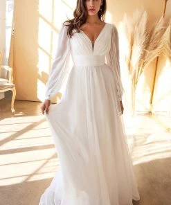 White Long Sleeve Chiffon Gown By Cinderella Divine CD0192W