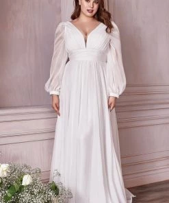 White Long Sleeve Chiffon Gown By Cinderella Divine CD0192W