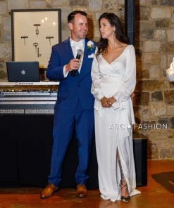 White Long Sleeve Satin Gown By Cinderella Divine 7478W Prom