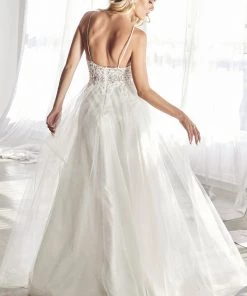 White Long Lace Bodice Tulle Dress By Cinderella Divine KC897W