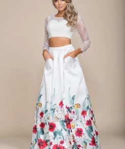 White Long Two-Piece Dress With Floral Print Skirt By Nox Anabel 8353 Prom