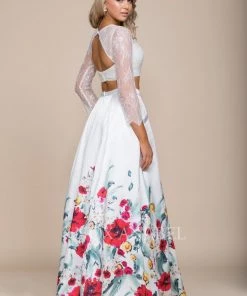 White Long Two-Piece Dress With Floral Print Skirt By Nox Anabel 8353 Prom