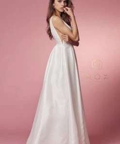 Prom White Long V-Neck Taffeta Dress By Nox Anabel E156W