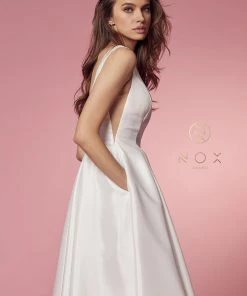 Prom White Long V-Neck Taffeta Dress By Nox Anabel E156W