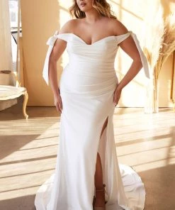 White Off Shoulder Gown By Cinderella Divine CD944W Prom