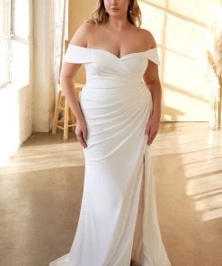 White Off Shoulder Jersey Gown By Cinderella Divine CD930