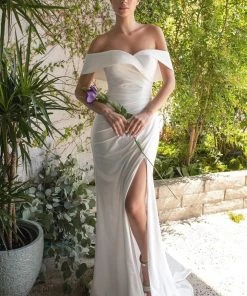 White Off Shoulder Jersey Gown By Cinderella Divine CD930