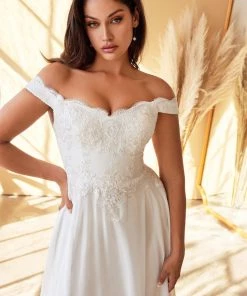 Prom White Off Shoulder Lace Bodice Gown By Cinderella Divine 7258W