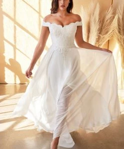 Prom White Off Shoulder Lace Bodice Gown By Cinderella Divine 7258W