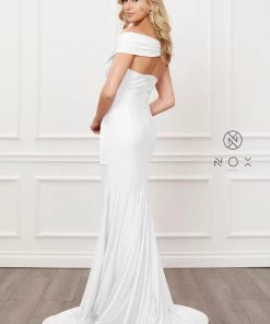 White Off Shoulder Mermaid Gown By Nox Anabel E497W