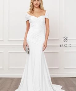 White Off Shoulder Mermaid Gown By Nox Anabel E497W