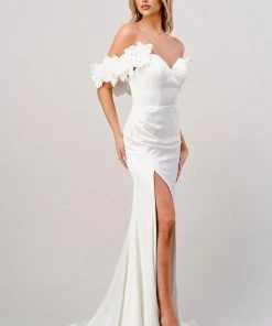 Prom White Off Shoulder Rosette Gown By Cinderella Divine CD965W 10 Prom White Off Shoulder Rosette Gown By Cinderella Divine CD965W