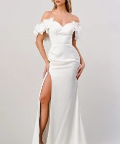 Prom White Off Shoulder Rosette Gown By Cinderella Divine CD965W 12 Prom White Off Shoulder Rosette Gown By Cinderella Divine CD965W