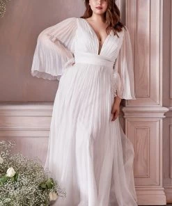 White Pleated Bell Sleeve Gown By Cinderella Divine CD242W