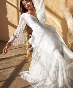 White Pleated Bell Sleeve Gown By Cinderella Divine CD242W