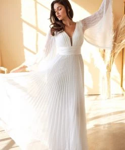 White Pleated Bell Sleeve Gown By Cinderella Divine CD242W