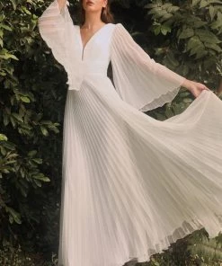 White Pleated Bell Sleeve Gown By Cinderella Divine CD242W