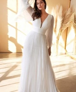 White Pleated Bell Sleeve Gown By Cinderella Divine CD242W