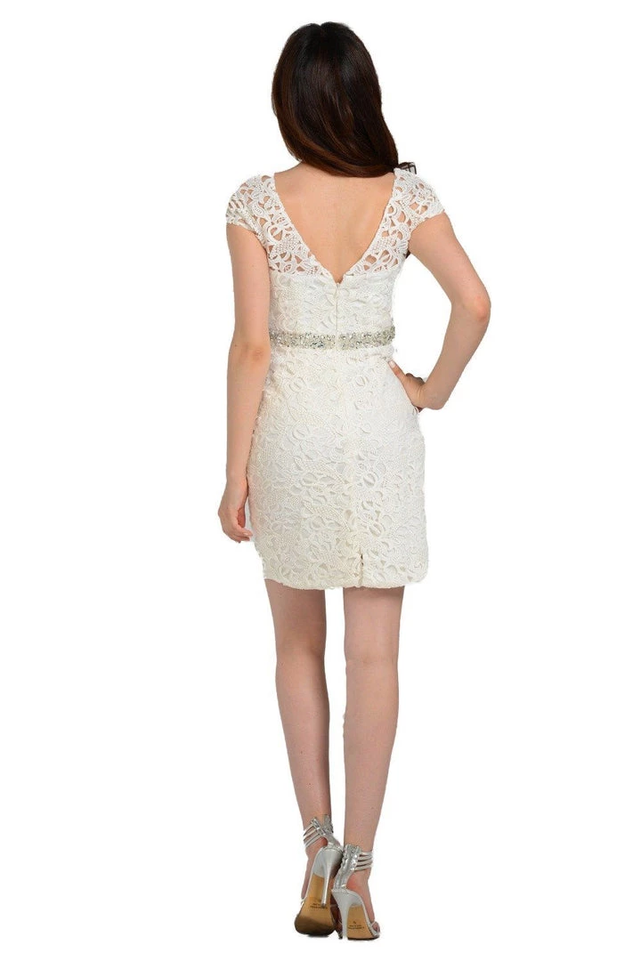 White Short Cap Sleeve Lace Dress With Beaded Waist By Poly USA 4 White Short Cap Sleeve Lace Dress With Beaded Waist By Poly USA