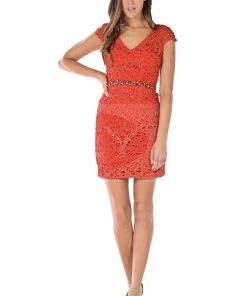 White Short Cap Sleeve Lace Dress With Beaded Waist By Poly USA 12 White Short Cap Sleeve Lace Dress With Beaded Waist By Poly USA