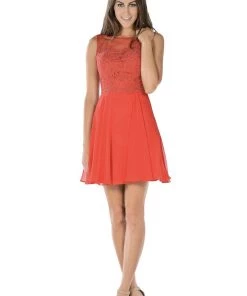 White Short Chiffon Dress With Lace Applique Bodice By Poly USA