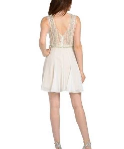 Prom White Short Dress With Illusion Beaded Top By Poly USA 7 Prom White Short Dress With Illusion Beaded Top By Poly USA