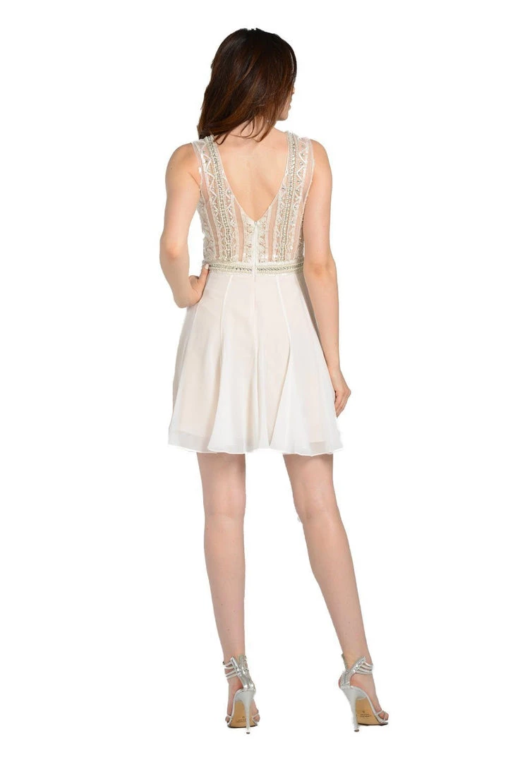 Prom White Short Dress With Illusion Beaded Top By Poly USA 5 Prom White Short Dress With Illusion Beaded Top By Poly USA