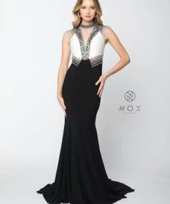 White/Black Sleeveless Beaded Illusion Dress By Nox Anabel 8364 Prom
