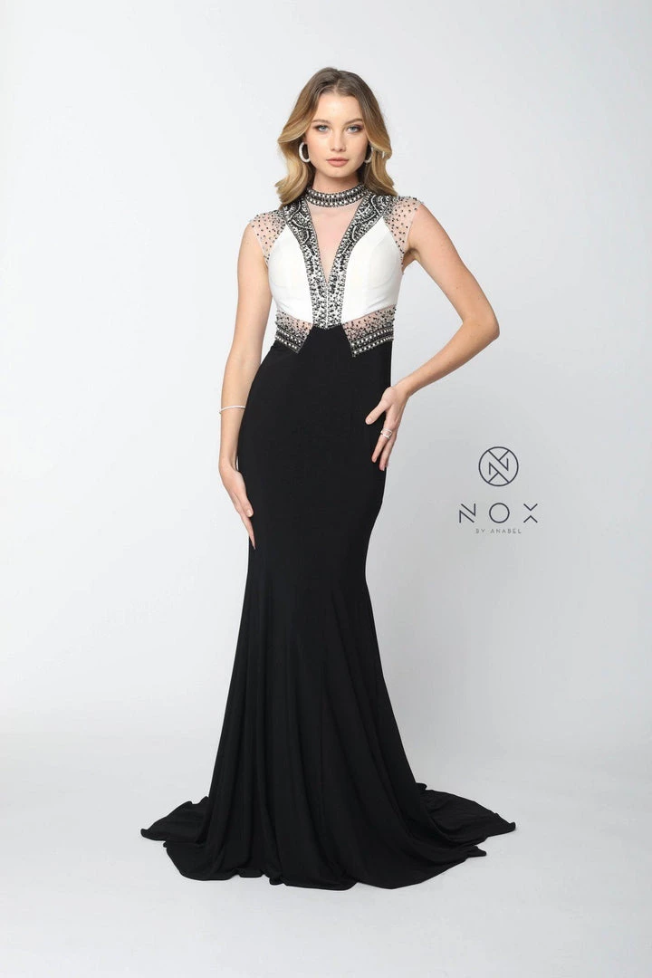 White/Black Sleeveless Beaded Illusion Dress By Nox Anabel 8364 Prom 3 White/Black Sleeveless Beaded Illusion Dress By Nox Anabel 8364 Prom