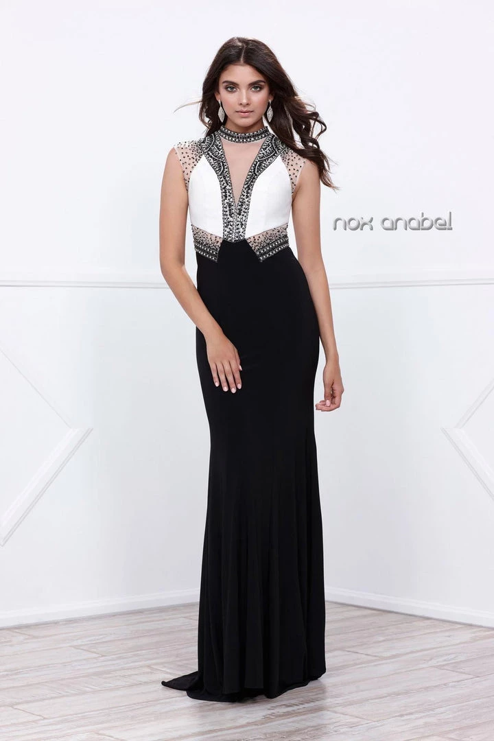 White/Black Sleeveless Beaded Illusion Dress By Nox Anabel 8364 Prom 6 White/Black Sleeveless Beaded Illusion Dress By Nox Anabel 8364 Prom