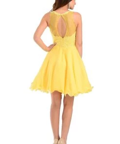 Yellow Short Chiffon Dress With Lace Applique Top By Poly USA Prom