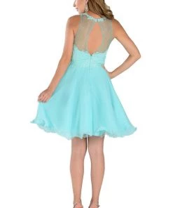 Yellow Short Chiffon Dress With Lace Applique Top By Poly USA Prom